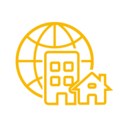 Sketch-style icon of the world with houses with yellow lining