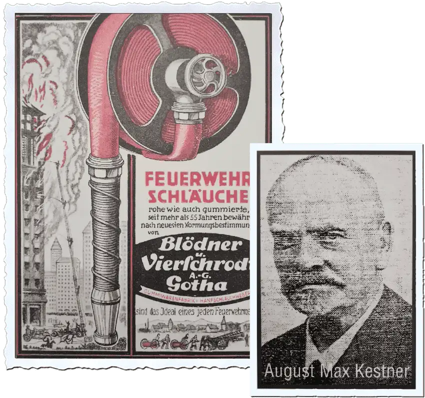 old advertising poster for fire hoses and a portrait of August Max Kestner An old advertising poster for fire hoses with a portrait of August Max Kestner in the foreground.