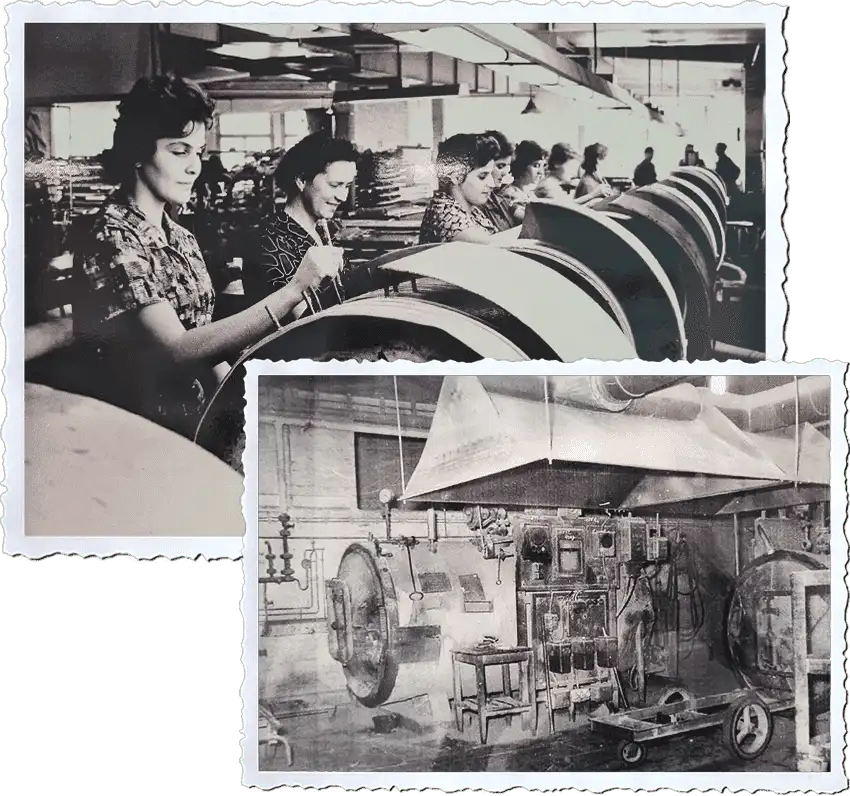 Post-war production Back image: Women standing at the winder; front image: LPA for steam vulcanization