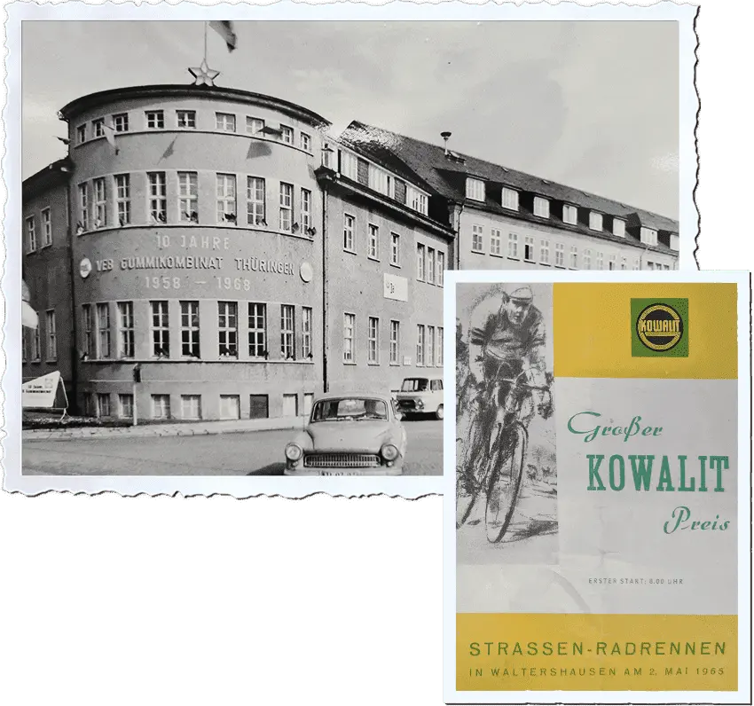 VEB Rubber Combine and Kowalit Bicycle Race Back img: building of Rubber Combine; front img: Flyer of Kowalit Bicycle Race in Waltershausen
