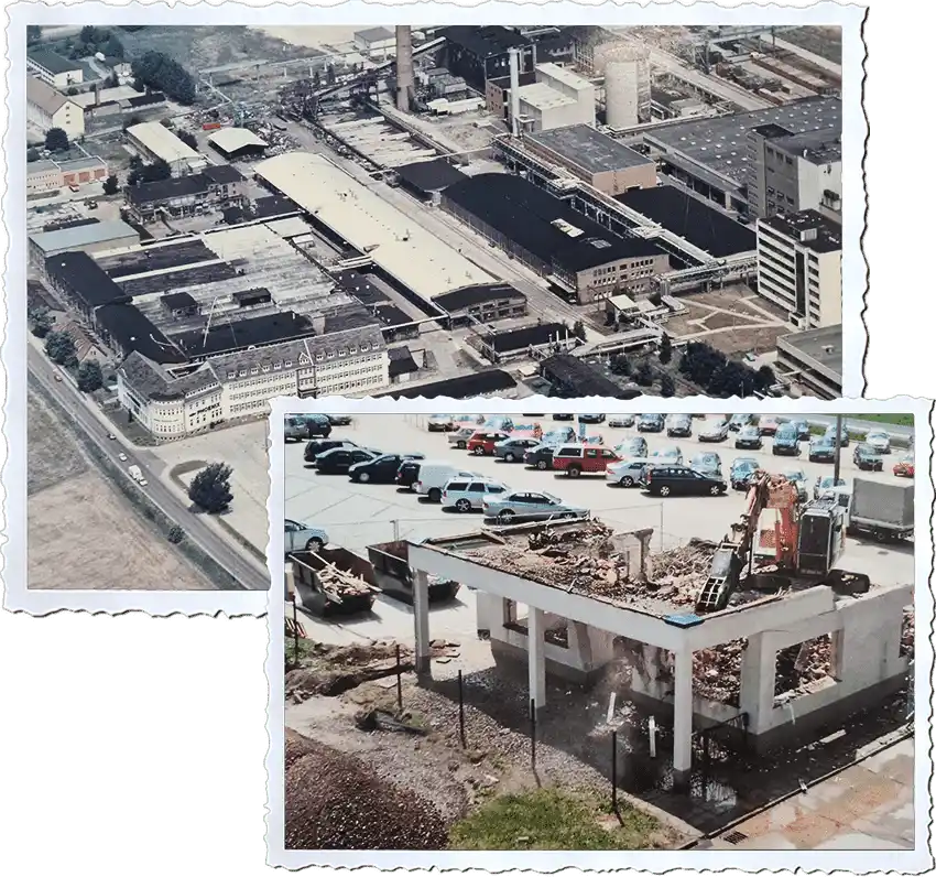 ContiTech company premises in Waltershausen Back image: Aerial view of ContiTech Waltershausen; front image: Demolition of reception building