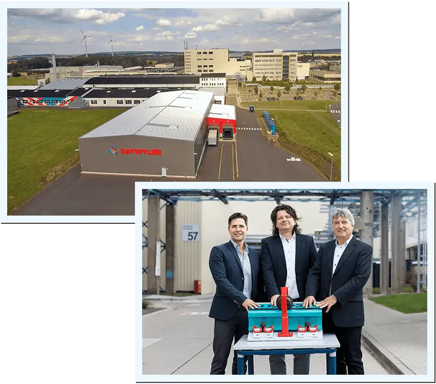 New warehouse and three Datwyler managing directors Back image: New warehouse with Datwyler logo; front image: Three managing directors with VeloGleis