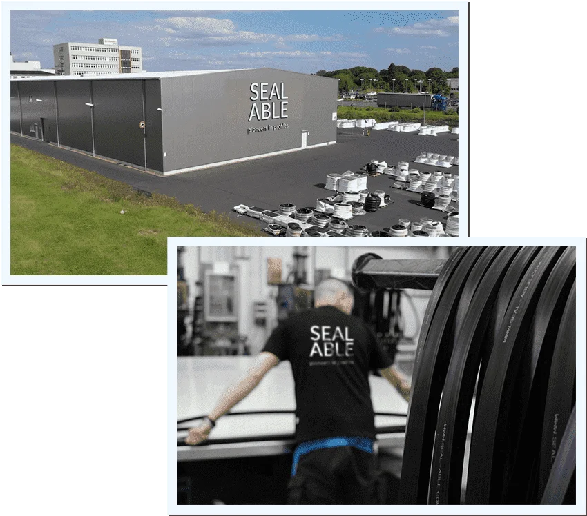 SEALABLE warehouse and production workers in frame manufacturing Back image: Warehouse with SEALABLE logo; front image: Production workers in frame manufacturing