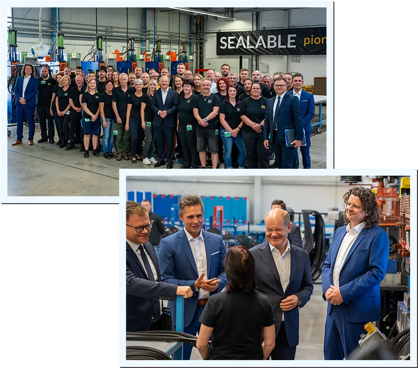 Bild hinten: Gruppenbild SEALABLE Belegschaft mit Olaf Scholz; Bild vorne: Olaf Scholz unterhält sich mit Mitarbeiterin