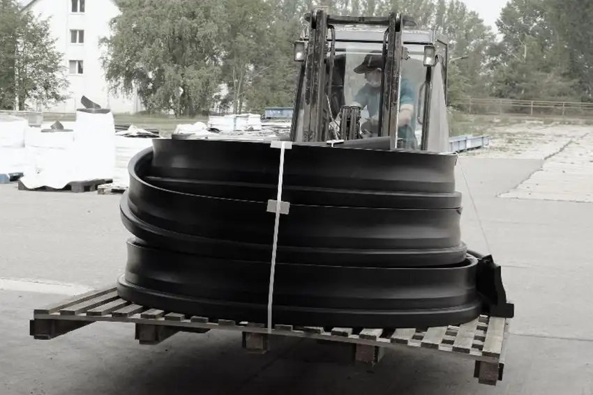 Starter gasket is being transported on a pallet using a forklift
